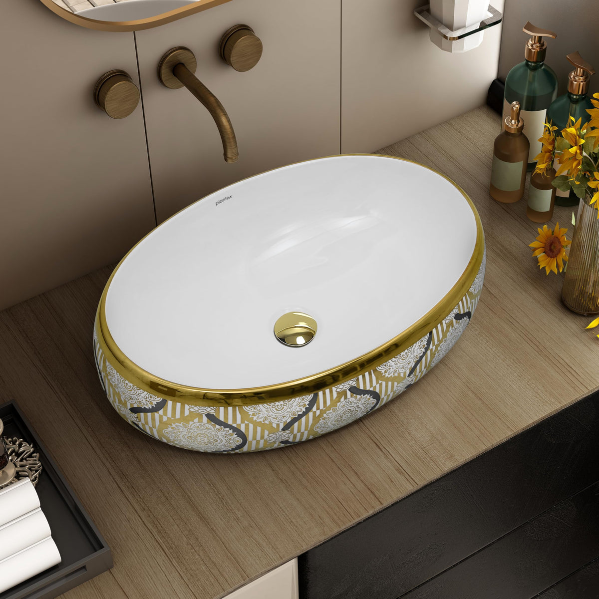 Plantex Tabletop Wash Basin for Bathroom/Designer Ceramic Basin/Vessel Sink Basin for Home/Office/Hotel (23.5 x 16 x 7 Inch - White & Gold)