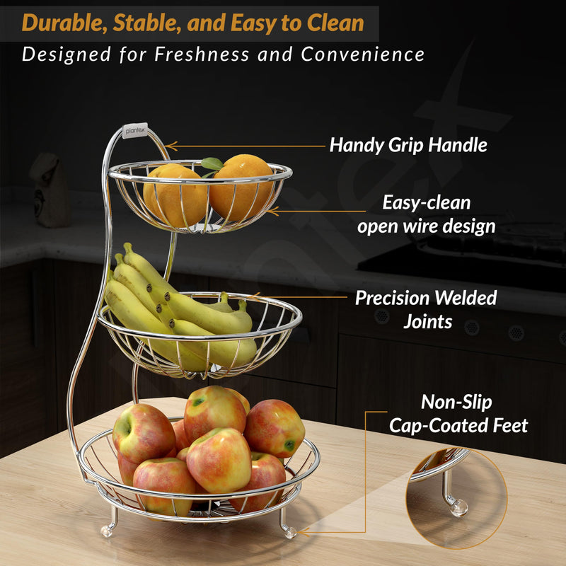 Plantex Elegant High Grade Stainless Steel 3-Tier Fruit & Vegetable Basket for Dining Table/Kitchen-Big Size(Chrome), Solid-2