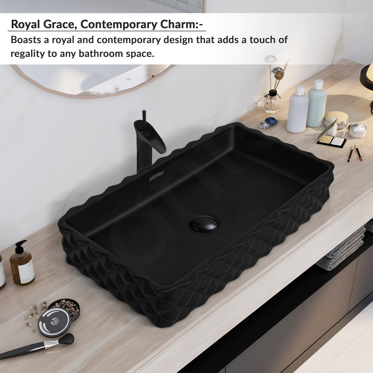Plantex Ceramic Wash Basin for Bathroom/Table Top Ceramic Basin/Washbasin for Bathroom (Black - 24 x 14 x 5 Inch)-5