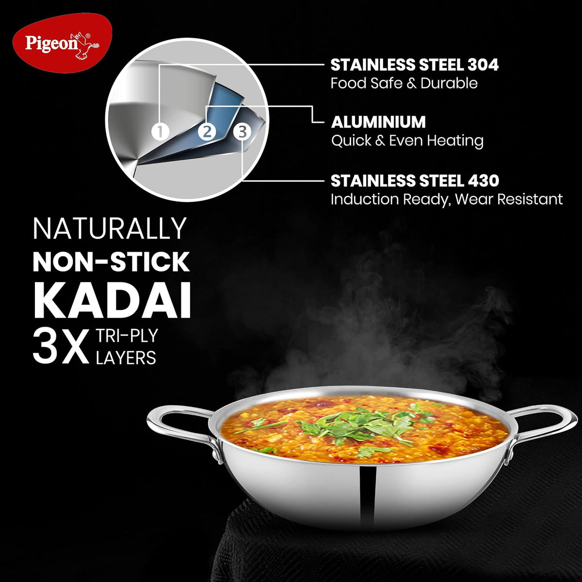 Pigeon Elite Stainless Steel Triply Kadhai, Gas Stove and Induction Compatible