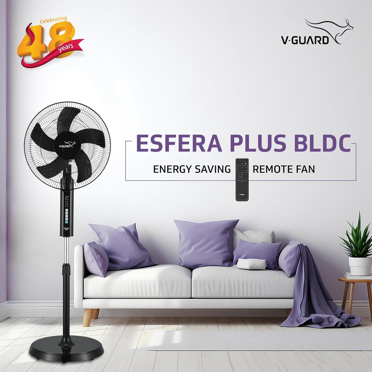 V-Guard Esfera Plus 5 Blade 400 mm BLDC Pedestal Fan with Remote (Black)