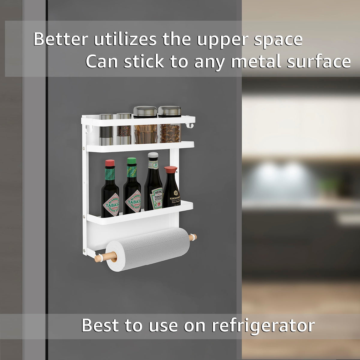 Plantex GI Steel Multi-Purpose Magnetic Shelf for Home/Fridge Organizer Spice Rack with Paper-Towel Holder/Kitchen Rack for Refrigerator (Small-White)-2