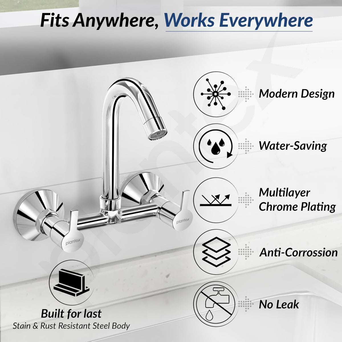 Plantex Sink Mixer for Kitchen with Brass Spindle/Hot & Cold Water Mixer with Teflon Tape & Wall Flange - Pack of 1 (Rio, Chrome)-5