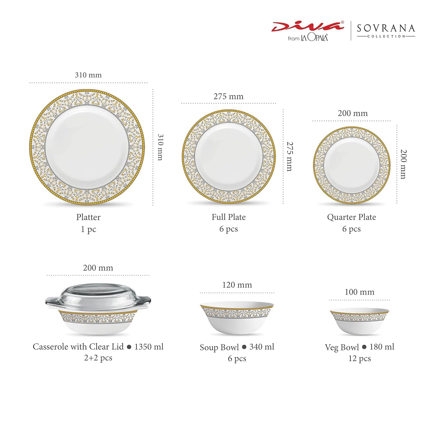 La Opala Diva Sovrana Collection Opal Glass Crockery | For Family of 6 | Dinner Set 35 pcs Moroccan Gold | Plates & Bowls for Dining | Microwave Safe | 100% Vegetarian | Extra Strong | Light & White