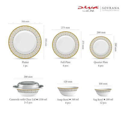 La Opala Diva Sovrana Collection Opal Glass Crockery | For Family of 6 | Dinner Set 35 pcs Moroccan Gold | Plates & Bowls for Dining | Microwave Safe | 100% Vegetarian | Extra Strong | Light & White