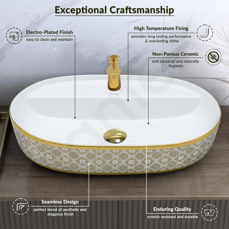 Plantex Oval Washbasin/Countertop Sink for Bathroom/Tabletop Wash Basin for Restaurant/Hotel/Hotel (24x16.5x5 Inch - White & Gold)-4