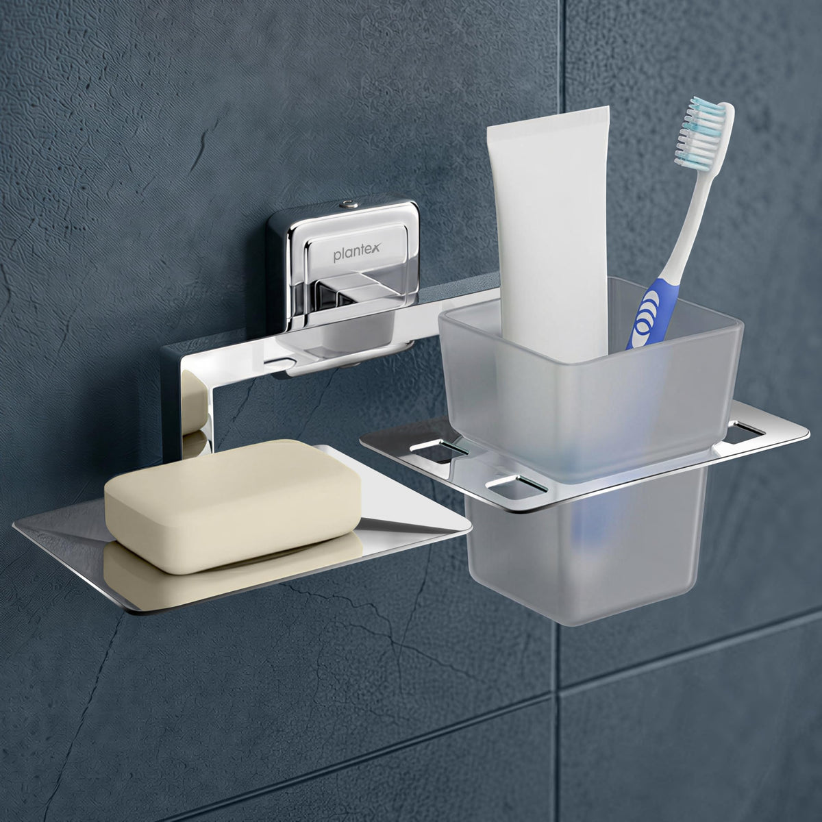 Plantex SS - 304 Grade Decan 2 in1 Soap Dish with Tumbler Holder/Soap Stand/Tooth Brush Holder/Bathroom Accessories - Decan (Chrome)
