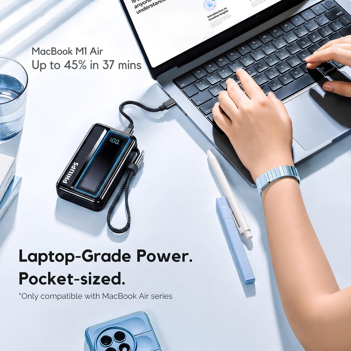 Philips 10000mAh 30W Max Fast Charging Power Bank (Dark Slate) with Built-in Cable