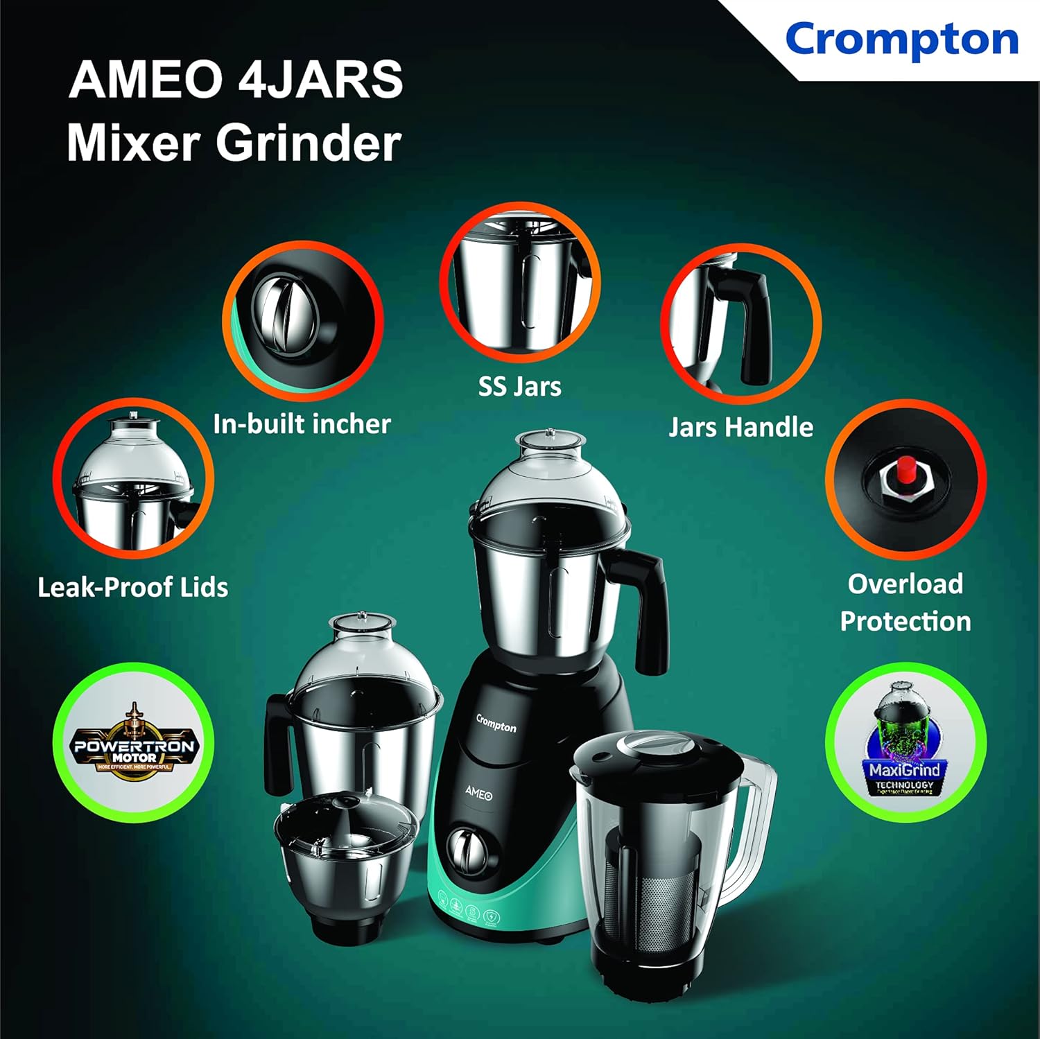 Crompton Ameo 750-Watt Mixer Grinder with MaxiGrind and Motor Vent-X Technology (3 Stainless Steel Jars and 1 Juicer Jar, Black & Green) (AMEO-4JARS), 2 Years Warranty.