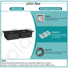 Plantex Matt Kitchen Sink/UV Protected Quartz Sink for Kitchen/Double Bowl Sink with Coupling and Hose Pipe (Charcoal Black - 37x18inch)-5