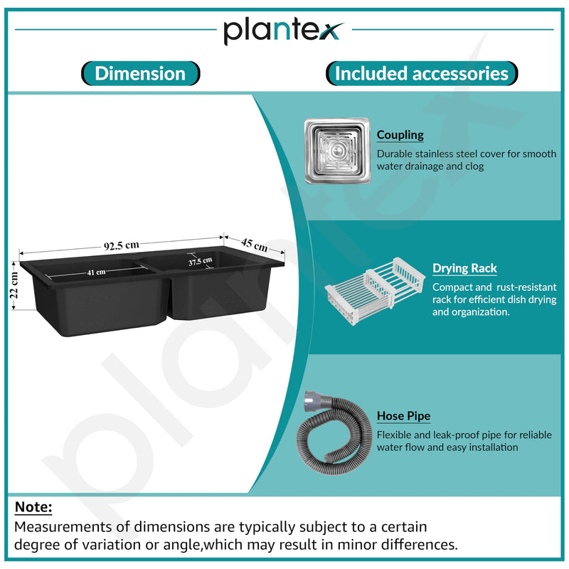Plantex Matt Kitchen Sink/UV Protected Quartz Sink for Kitchen/Double Bowl Sink with Coupling and Hose Pipe (Charcoal Black - 37x18inch)-5