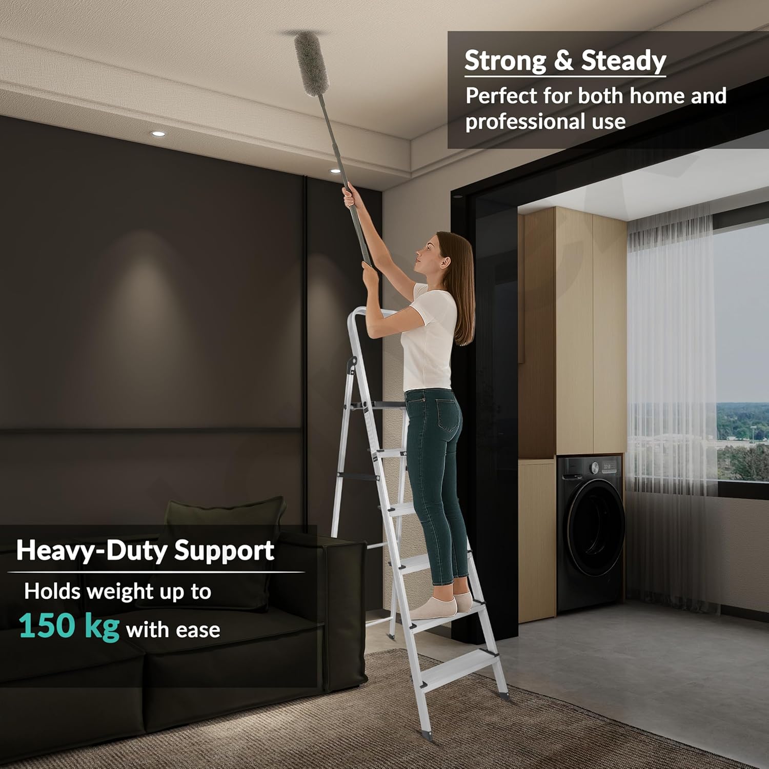 Plantex Big Foot 6 Step Ladder for Home/Aluminium Folding Ladder/Wide Anti-Skid Steps/Multipurpose Use (Black-Silver)