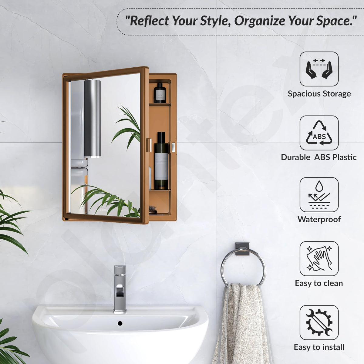 Plantex Bathroom Cabinet with Mirror/ABS Bathroom Storage Cabinet/Wall Mounted Mirror Bathroom Cabinet/Mirror with Storage for Bathroom(14x18 Inch, Brown)-2