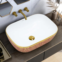 Plantex Ceramic Washbasin for Bathroom/Designer Countertop Basin/Rectangle Tabletop Wash Basin for Home/Office/Hotel (18x13x5 Inch - White & Gold)-1