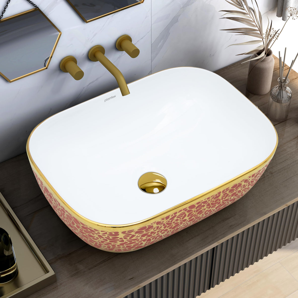 Plantex Ceramic Washbasin for Bathroom/Designer Countertop Basin/Rectangle Tabletop Wash Basin for Home/Office/Hotel (18x13x5 Inch - White & Gold)