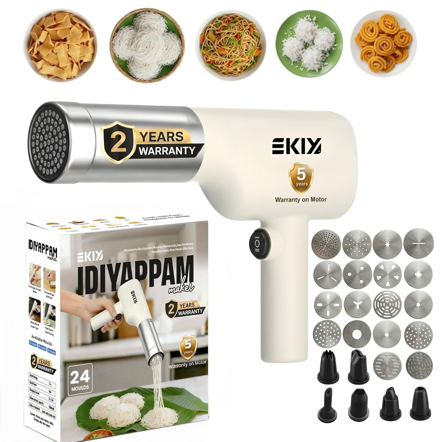 EKIY Electric 24 Mould Stainless Steel Idiyappam,Noolappam,Cakes,Muruke,Noodles,Pasta Maker Machine |50Watts Power|50 Times for Full Charge| 1500 Mah Type-C Cordless | Portable (24 Mould White)