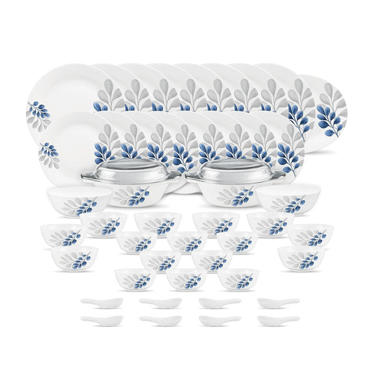 Diva by La Opala, Pearl Collection, Opal Glass Dinner Set 47 pcs, Indigo Bliss, White