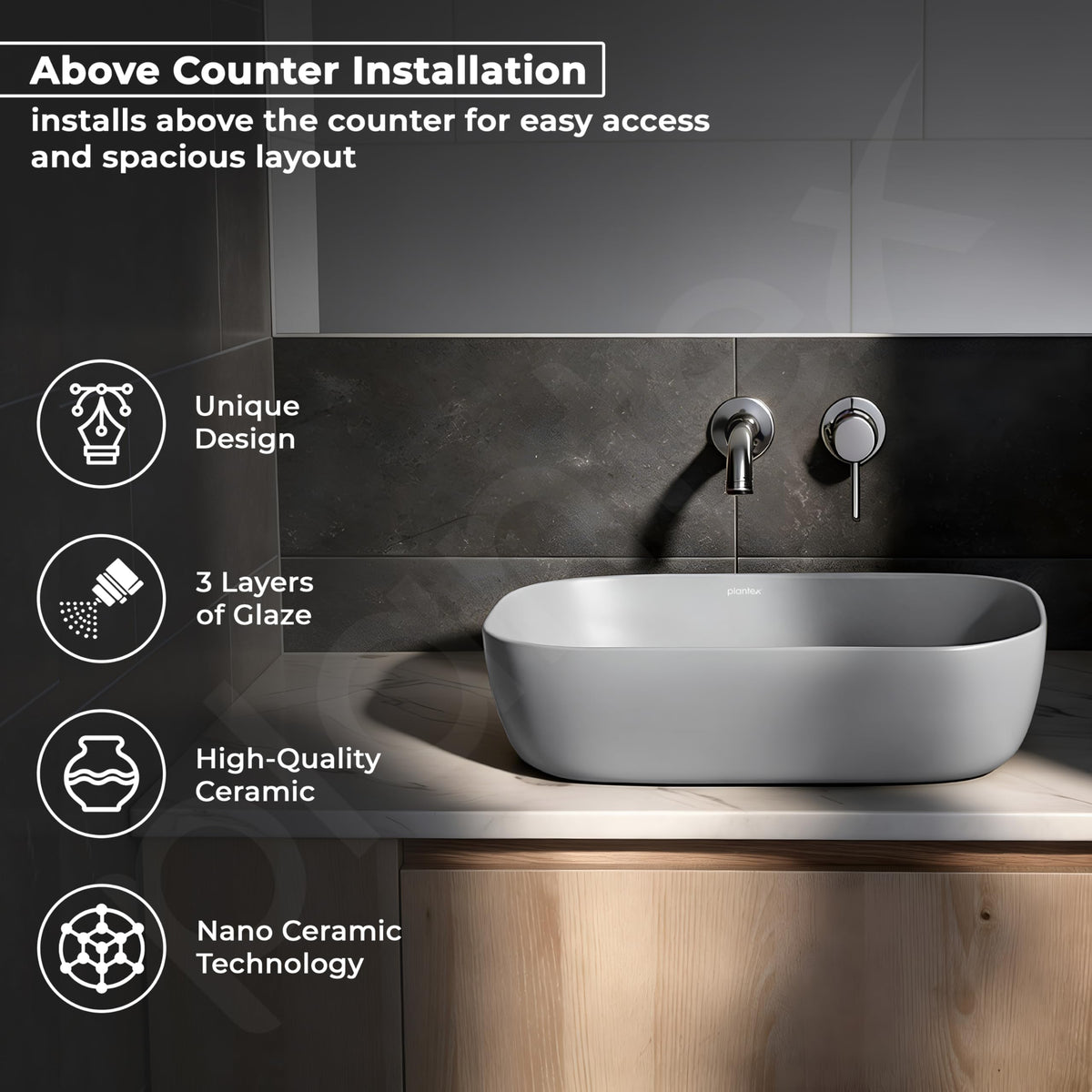 Plantex Ceramic Tabletop Washbasin/Bathroom Basin Sink/Basin for Bathroom/Wash Basin for Restaurant, Hotel (Matt Grey - 18 x 13 x 5 Inch)-2