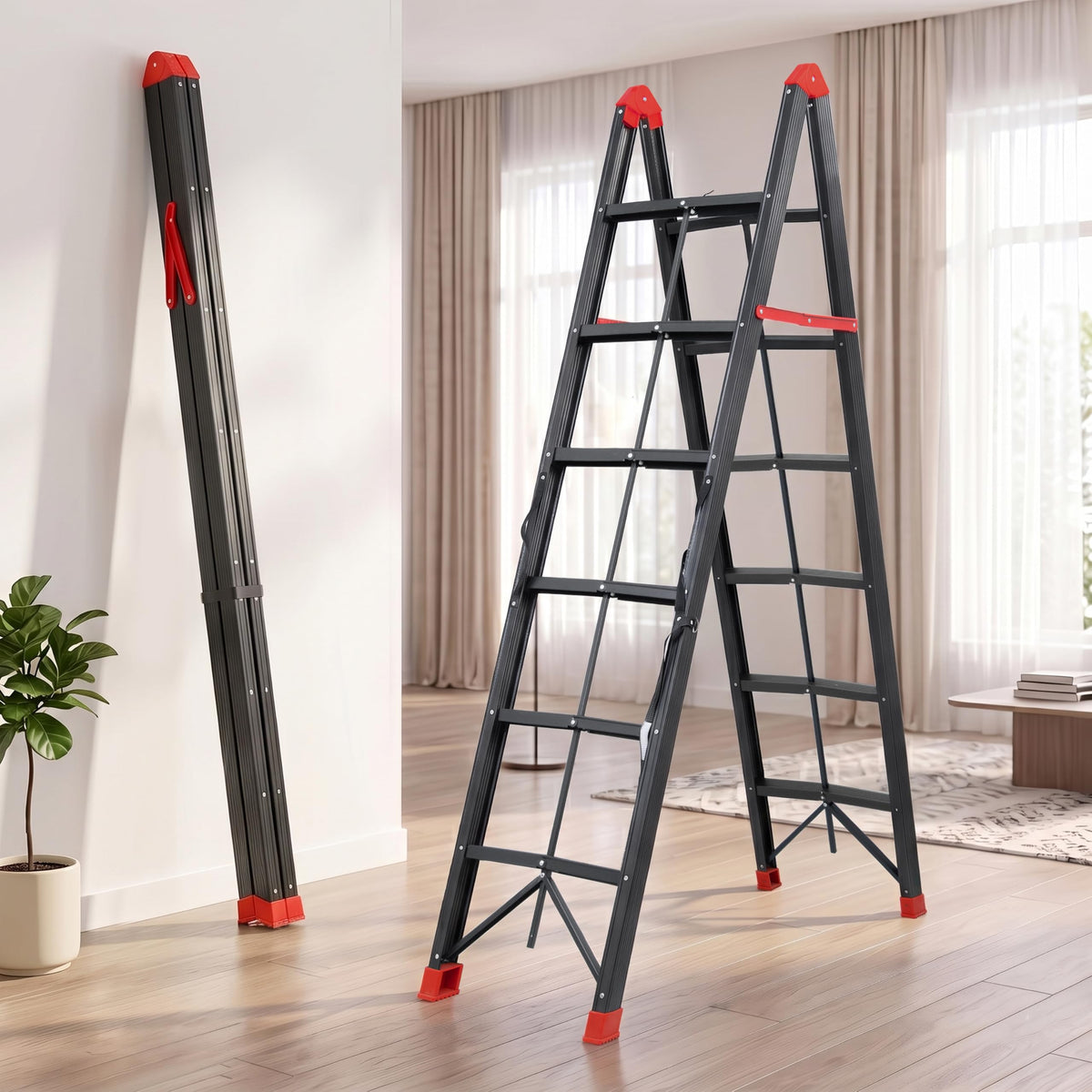 Plantex Folding Ladder for Home | 6-Step Steel Step Ladder | Anti-Skid Foldable Ladder | Home, Office & Warehouse Use - Pack of 1 (GT-6, Black & Red)