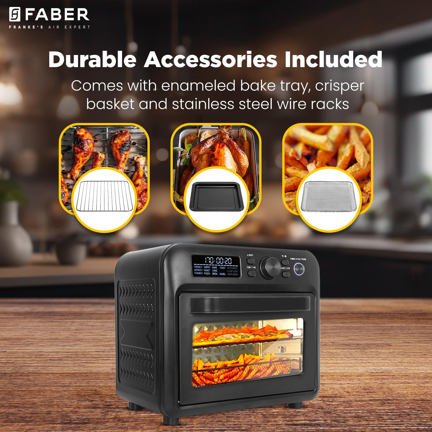 Faber Air Fryer Oven 20L,1500 Watts, Digital Control, Bake Tray, SS Wire Tray & Basket, Crumb Tray, | 15 Preset Auto Program | Bake,Roast,Fry,Toast,Defrost | FAO 20L BK 15DF