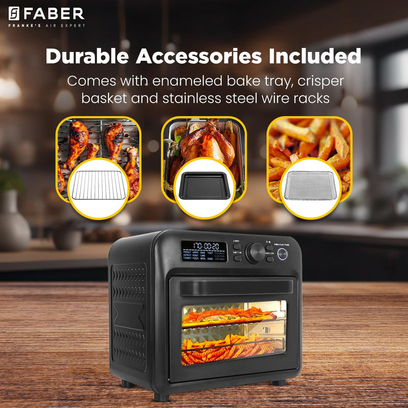 Faber Air Fryer Oven 20L,1500 Watts, Digital Control, Bake Tray, SS Wire Tray & Basket, Crumb Tray, | 15 Preset Auto Program | Bake,Roast,Fry,Toast,Defrost | FAO 20L BK 15DF