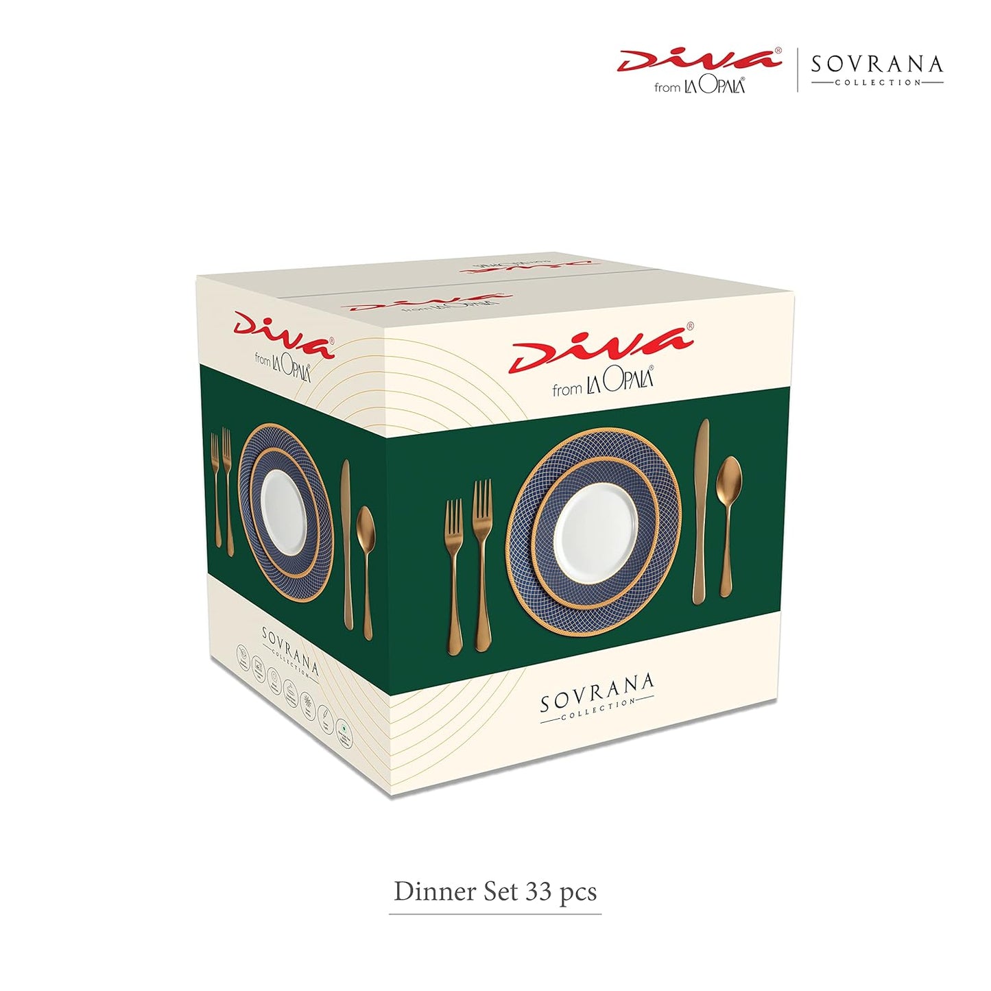 La Opala Diva Sovrana Collection Opal Glass Crockery | For Family of 6 | Dinner Set 33 pcs Anassa Blue | Plates & Bowls for Dining | Microwave Safe | 100% Vegetarian | Extra Strong | Light & White