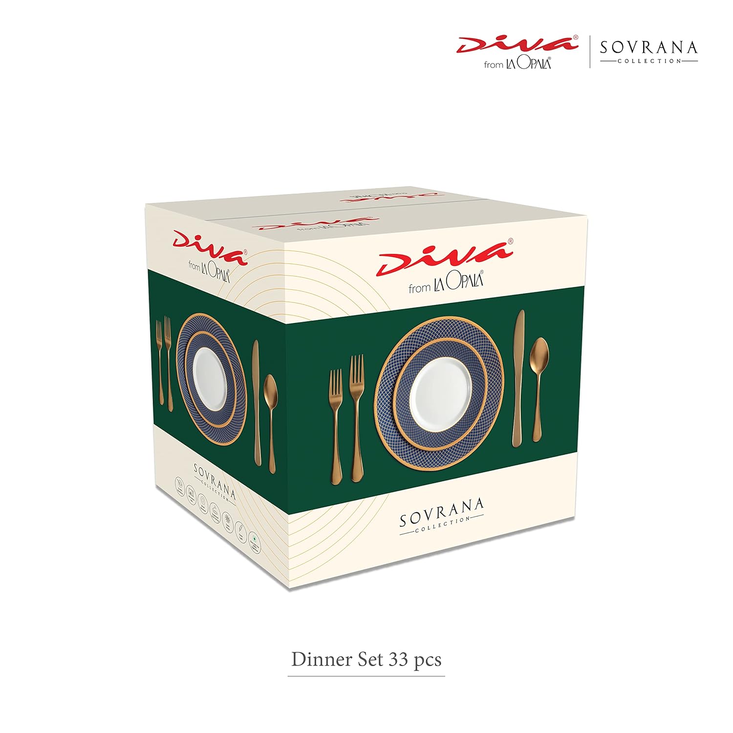 La Opala Diva Sovrana Collection Opal Glass Crockery | For Family of 6 | Dinner Set 33 pcs Anassa Blue | Plates & Bowls for Dining | Microwave Safe | 100% Vegetarian | Extra Strong | Light & White