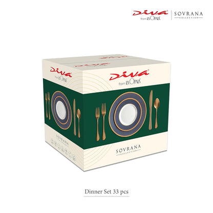 La Opala Diva Sovrana Collection Opal Glass Crockery | for Family of 6 | Dinner Set 33 pcs Regent Blue | Plates & Bowls for Dining | Microwave Safe | 100% Vegetarian | Extra Strong | Light & White