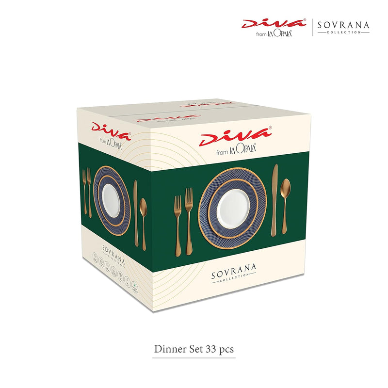 La Opala Diva Sovrana Collection Opal Glass Crockery | for Family of 6 | Dinner Set 33 pcs Regent Blue | Plates & Bowls for Dining | Microwave Safe | 100% Vegetarian | Extra Strong | Light & White