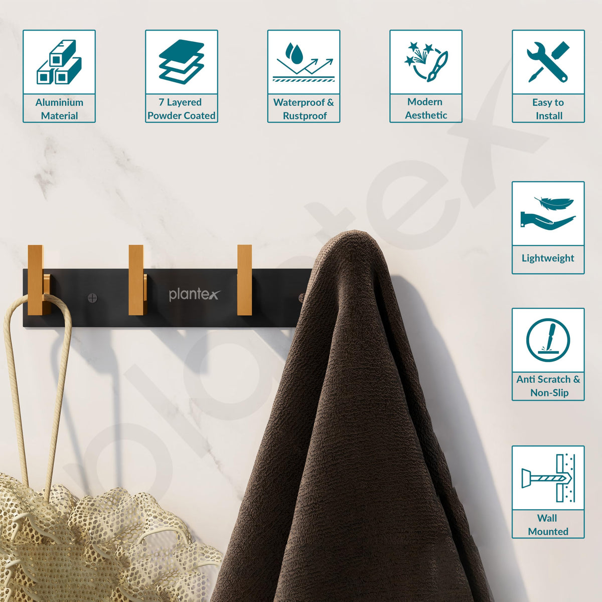 Plantex Aluminum Hook Rail with L-Shape Hook for Clothes Hanging/Hook Rail Bar for Clothes/Towel/Keys (4 Hooks/Black & Gold)-Pack of 2-4