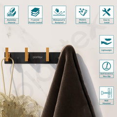 Plantex Aluminum Hook Rail with L-Shape Hook for Clothes Hanging/Hook Rail Bar for Clothes/Towel/Keys -Pack of 3 (4 Hooks/Black & Gold)-4
