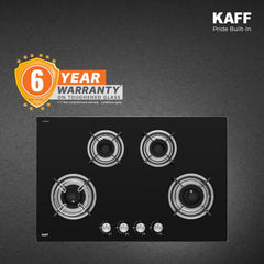 Kaff CRH804 4 Burner Built-in Gas Hob | 80 cm Black Toughened Glass (8mm) | Auto Electric Ignition | Tornado Flame Burne