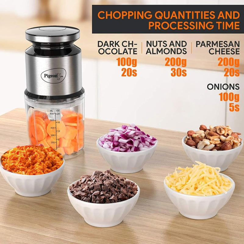 Pigeon Ultra Fast Electric 300 Watts Electric Chopper For Kitchen, Twin Blade Technology, 600 Ml 'Chop-N-Store' Plastic Bowl With Lid, Vegetable Chopper, Cutter, Chop, Mince, Dice, Whisk, Blend, Red