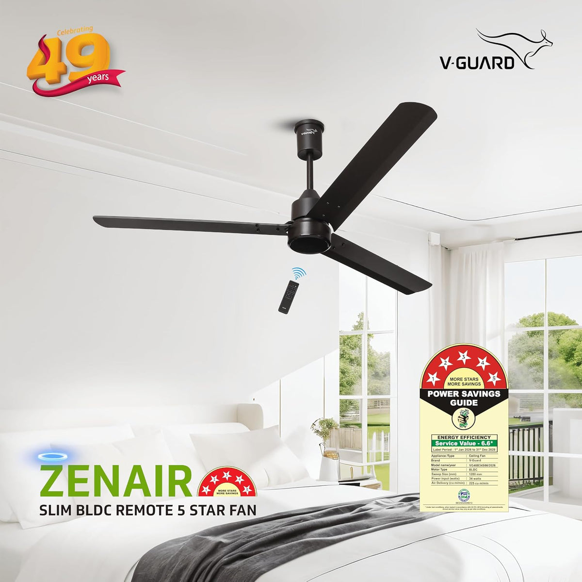 V-Guard Zenair BLDC 1200 mm Ceiling Fan with Remote