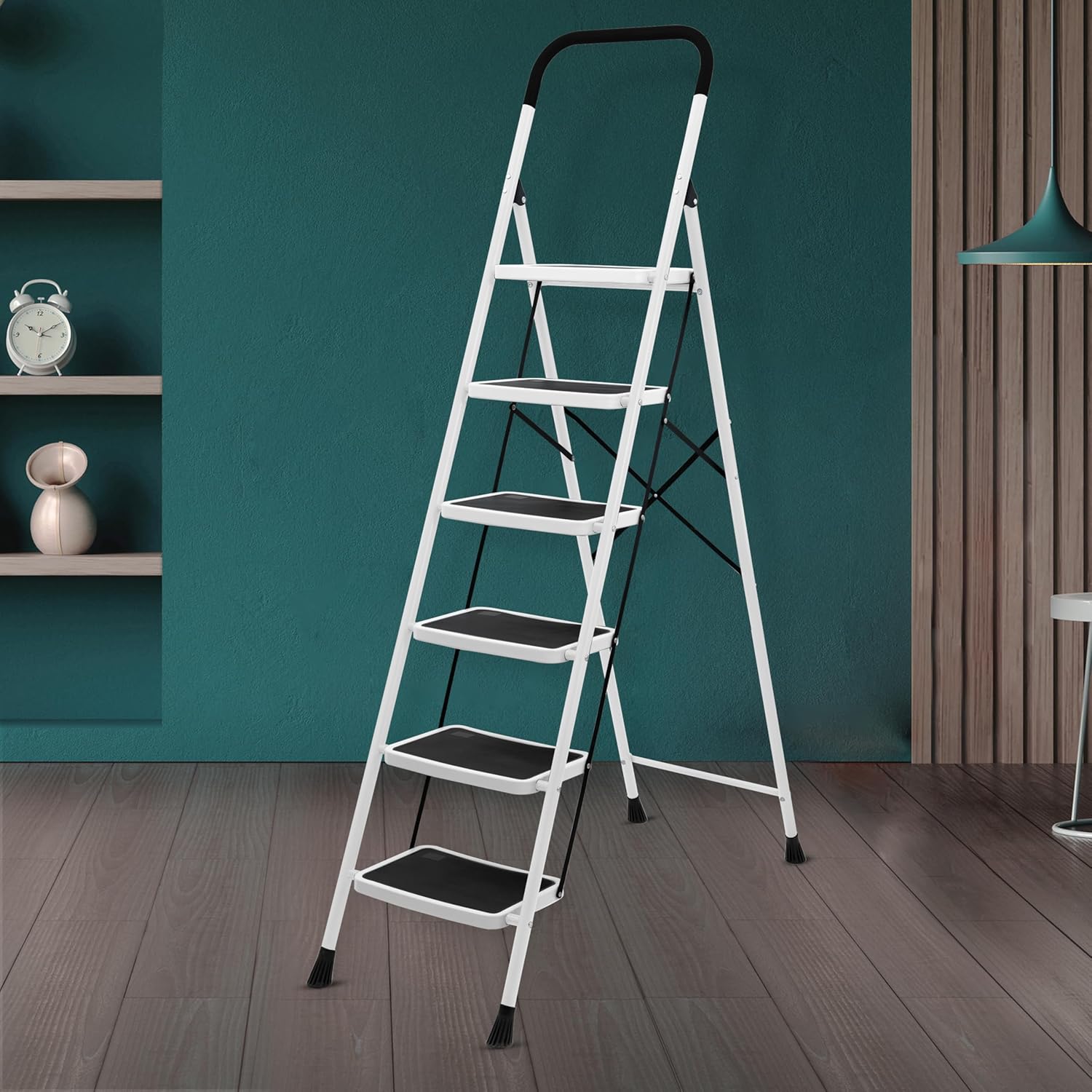 Plantex Alloy Steel 6 Step Ladder For Home/Foldable Strong Wide Step Ladder/Anti- Skid 6 Step Ladder - (White & Black)
