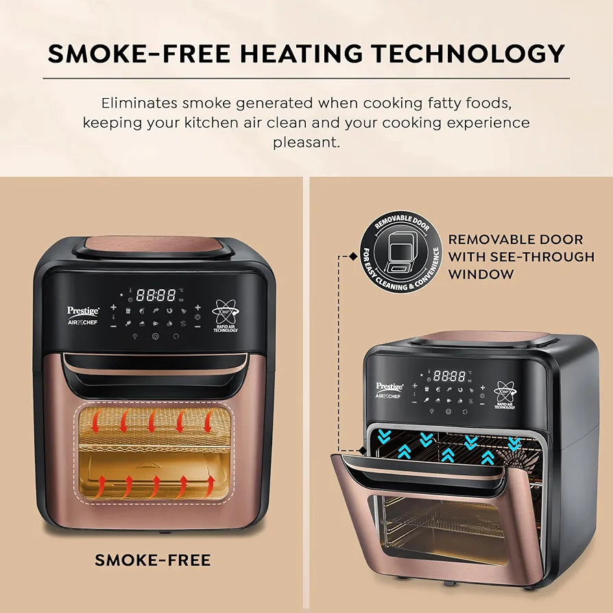 Prestige Air Chef 12 Litre Air Fryer Oven|360 Degree Rapid Air Technology|10 Preset Menus|Unique Multi-Level Design| Smoke-Free Technology|Black & Rose Gold, 1800 Watts