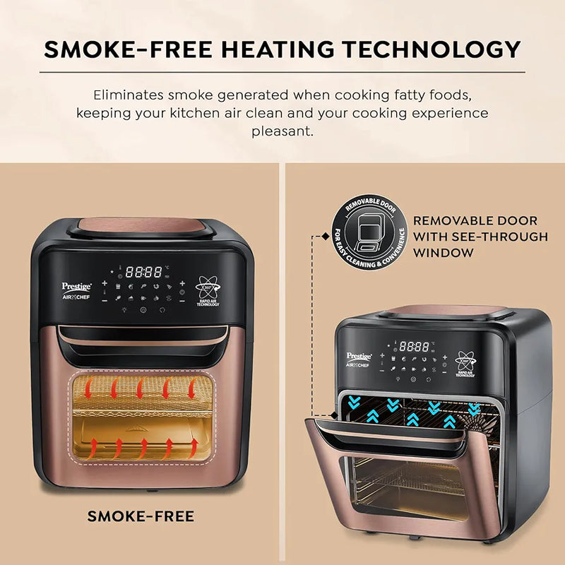 Prestige Air Chef 12 Litre Air Fryer Oven|360 Degree Rapid Air Technology|10 Preset Menus|Unique Multi-Level Design| Smoke-Free Technology|Black & Rose Gold, 1800 Watts