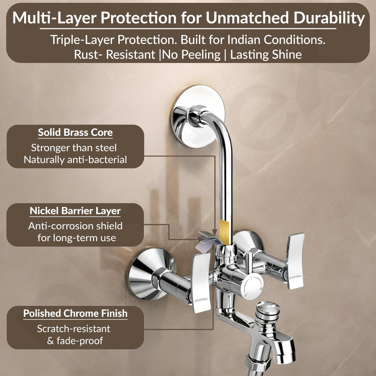 Plantex Pure Brass 3-in-1 Wall Mixer with L-Bend Provision for Overhead and Hand Shower/Bathroom Mixer Tap with Brass Wall Flange & Teflon Tape/Wall Mixer for Bathroom - (Star, Chrome)-5
