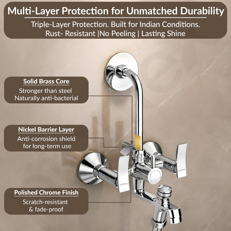 Plantex Pure Brass 3-in-1 Wall Mixer with L-Bend Provision for Overhead and Hand Shower/Bathroom Mixer Tap with Brass Wall Flange & Teflon Tape/Wall Mixer for Bathroom - (Star, Chrome)-5