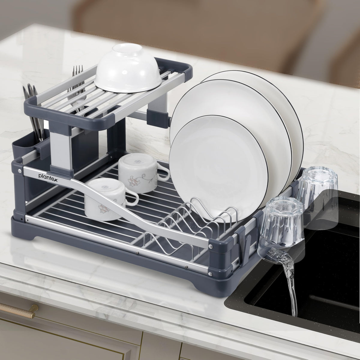 Plantex Aluminium Fold Flat Dish Drying Rack/2-Tier Dish Drainer with Drying Rack/Utensils Drying Rack/Vessel Drainer Basket/Kitchen Organiser Rack Stand- (Silver & Grey)