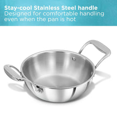 Hawkins Pro 1.5 Litre Deep-Fry Pan, Triply Stainless Steel Kadhai with Steel Handles and Steel Lid, Small Kadhai, Silver (PSK15S)