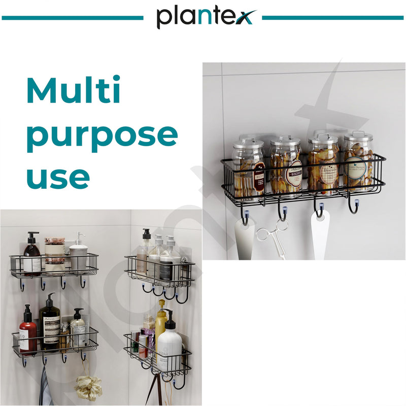 Plantex GI Steel Self Adhesive Bathroom Shelf & Rack/No Drill Wall Mount Bathroom Organiser with Hooks & Towel Hanger/Kitchen Hanging Shelf (Pack of 4-Black, Powder Coated)-6