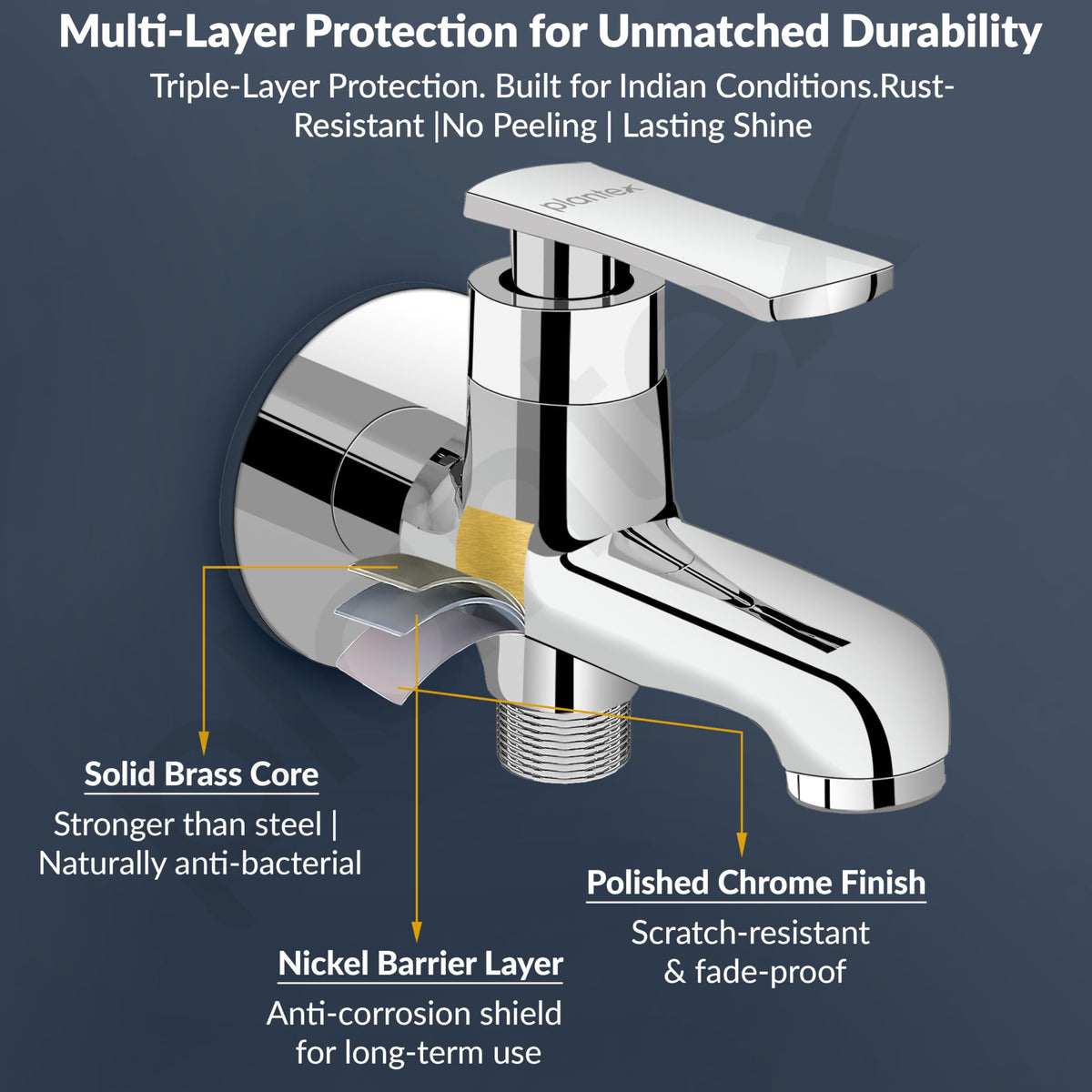 Plantex Pure Brass 2 in 1 Tap for Washing Machine/2-Way Bib Cock for Bathroom with Wall Flange & Teflon Tape - (Chrome, 3507-1)-5