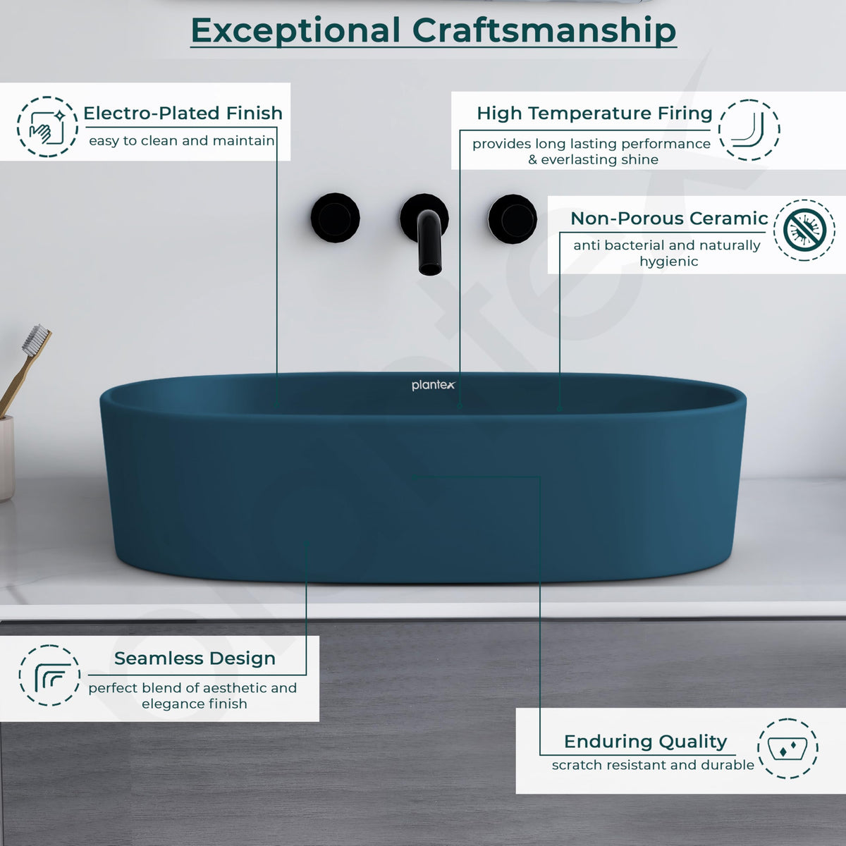 Plantex Ceramic Wash Basin for Bathroom/Oval Counter Top Basin/Tabletop Wash Basin for Home/Office(Pine Blue - 22x14x6 inch)-2