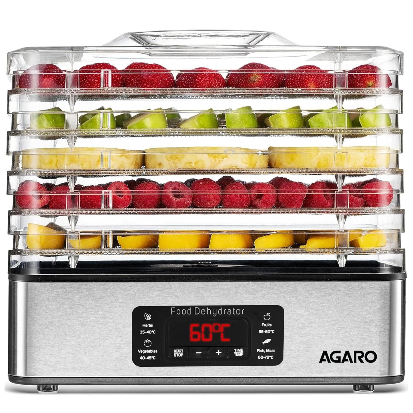 AGARO Regal Food Dehydrator, 5 Stackable Stainless Steel Trays, Digital Adjustable Timer & Temperature Control, Food Preserver Machine with Drying Capacity for Fruits, herbs, Veggies, Silver