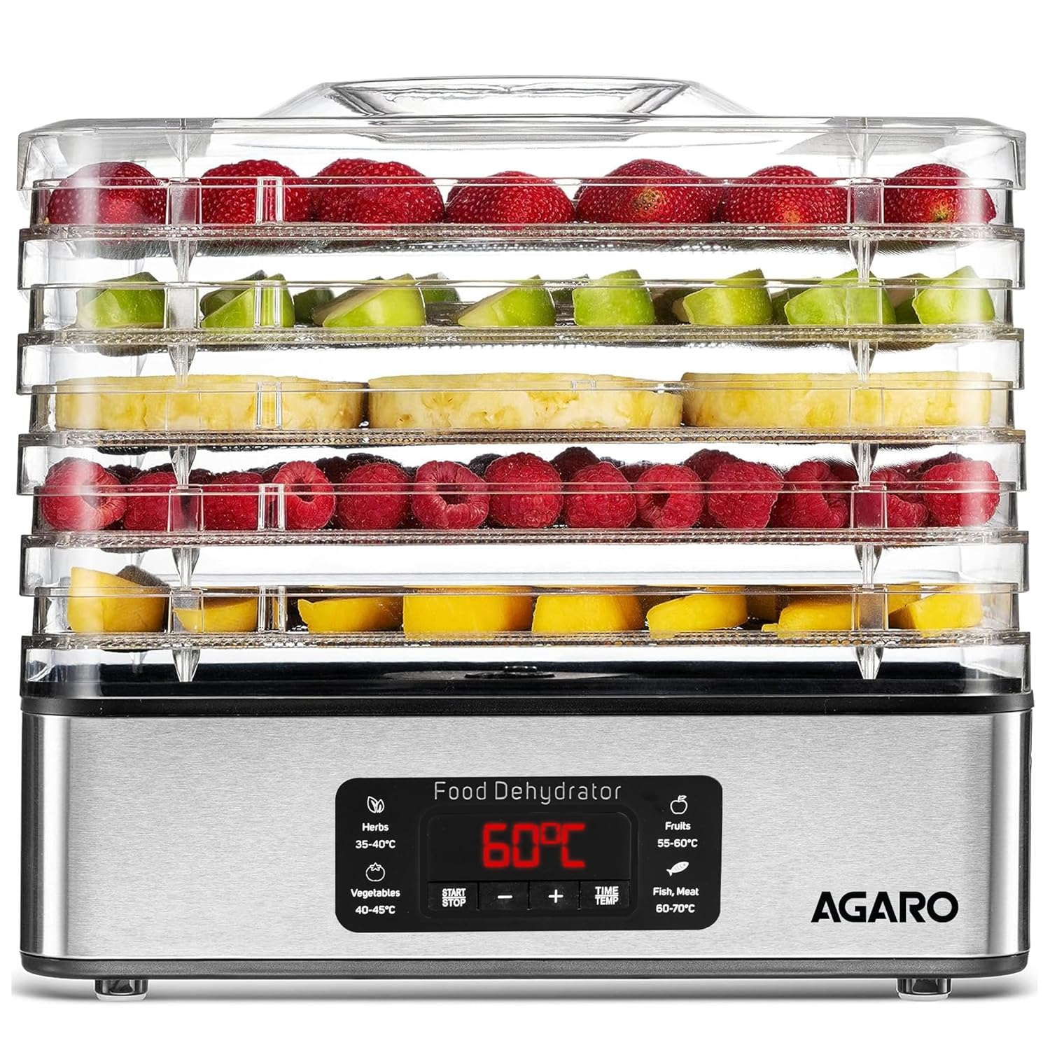 AGARO Regal Food Dehydrator, 5 Stackable Stainless Steel Trays, Digital Adjustable Timer & Temperature Control, Food Preserver Machine with Drying Capacity for Fruits, herbs, Veggies, Silver