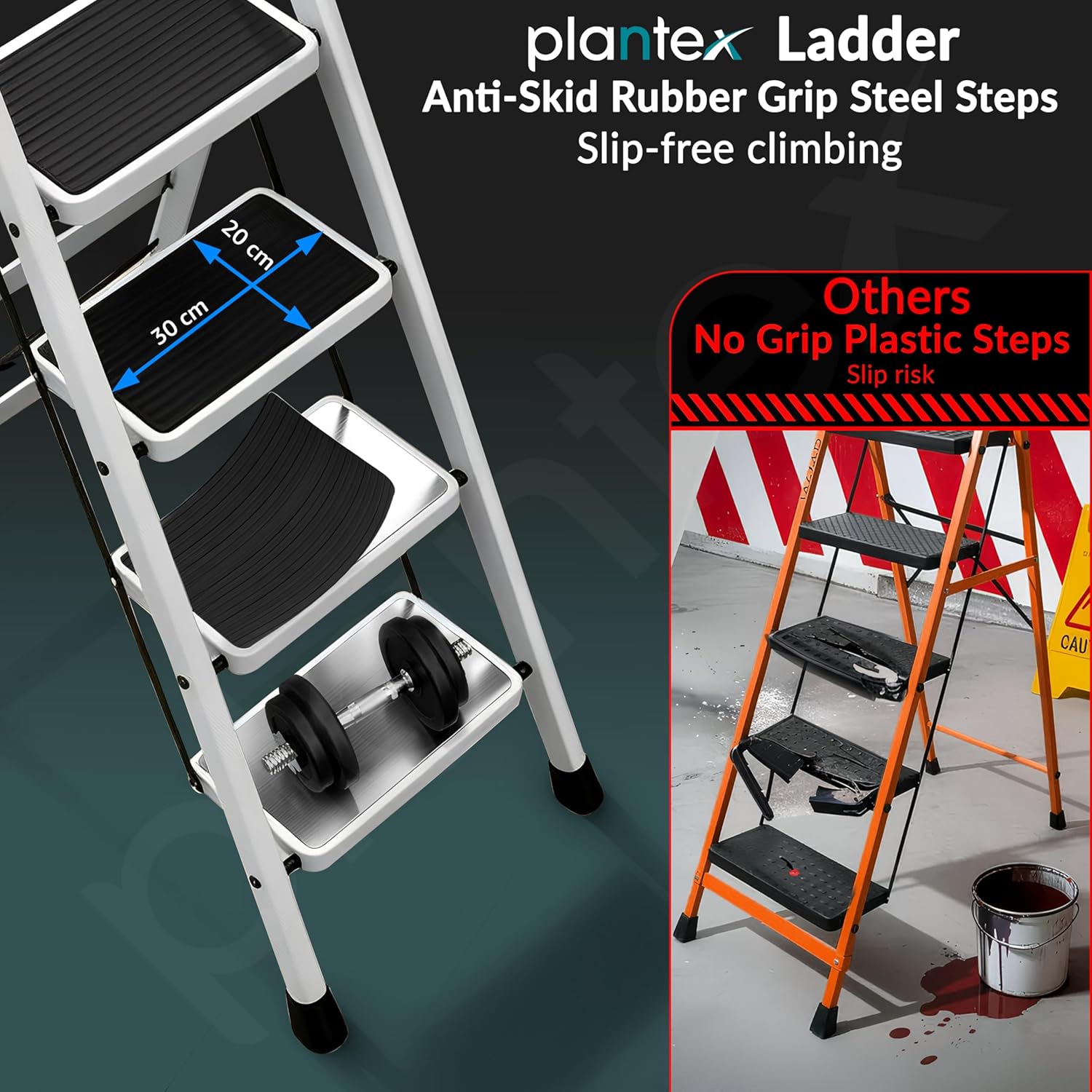 Plantex Ladder for Home 5 Steps/Foldable Ladder with Anti-Skid Wide Steps (30L x 20W cm)/Strong D-Shape Pipe with X-Support for More Stability/5 Year Warranty(Apex-White)