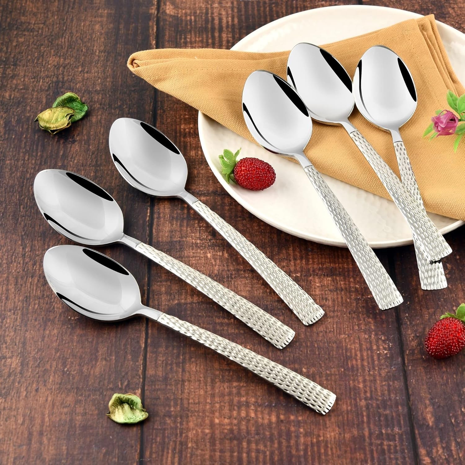 Dynore Stainless Steel Hammered Design 12 Pieces Dinner Spoons Set for Home/Kitchen/Restaurant