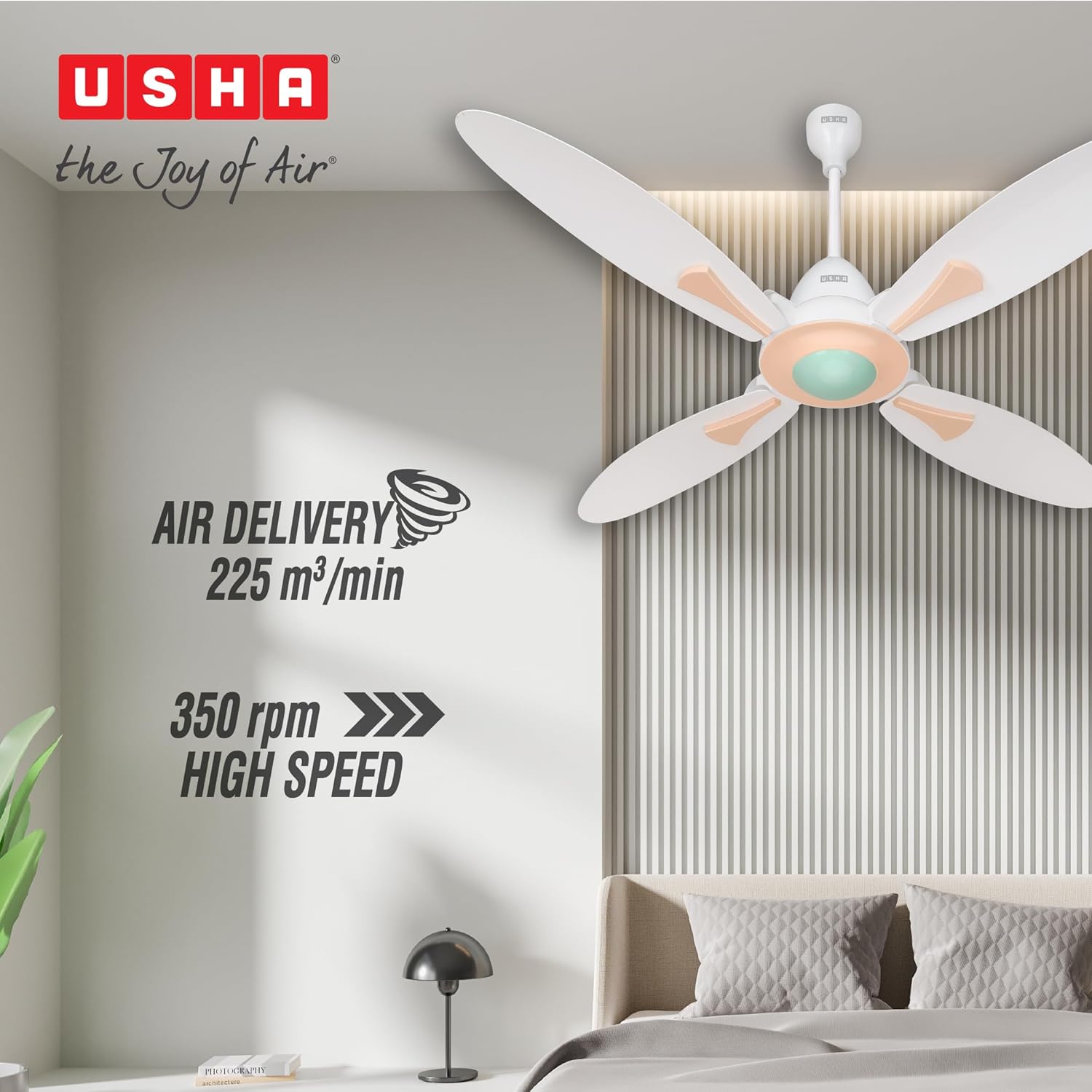 USHA New Bloom Series Dahlia (Inspired by Dahlia) 4-Blade BLDC Ceiling Fan with Bi-Directional Feature | Sleep/Boost/Timer Modes | RF Remote | Dust-Resistant | Whisper-Quiet (White & Misty Rose)
