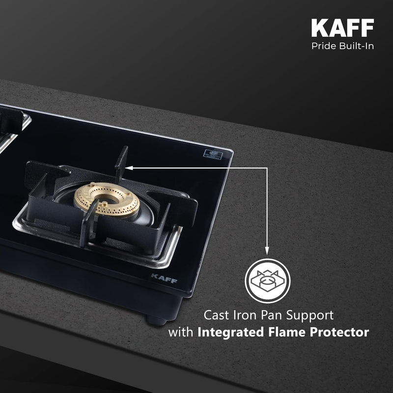 Kaff 77cm 3 Burner Glass Gas Stove | High Efficiency Brass Burners | 8mm Black Toughened Glass | Cast Iron Pan Support |